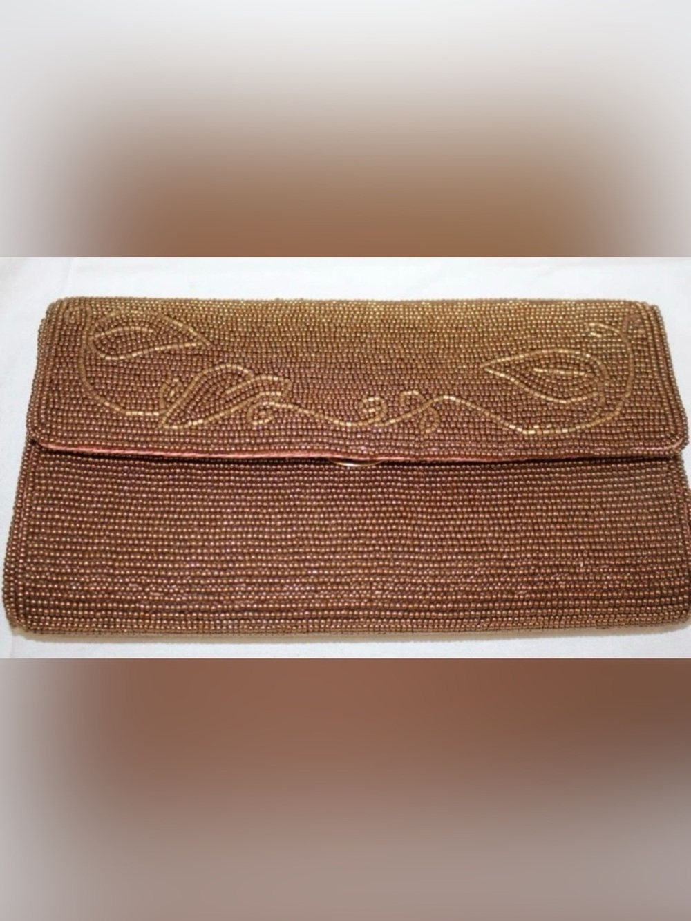 Vintage Handmade Copper/Bronze Beaded WALBORG "Leaves" Clutch Purse